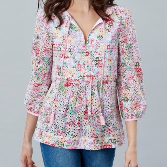 Joules Tops - Joules Floral Eyelet Blouse - Pink and Multicolor